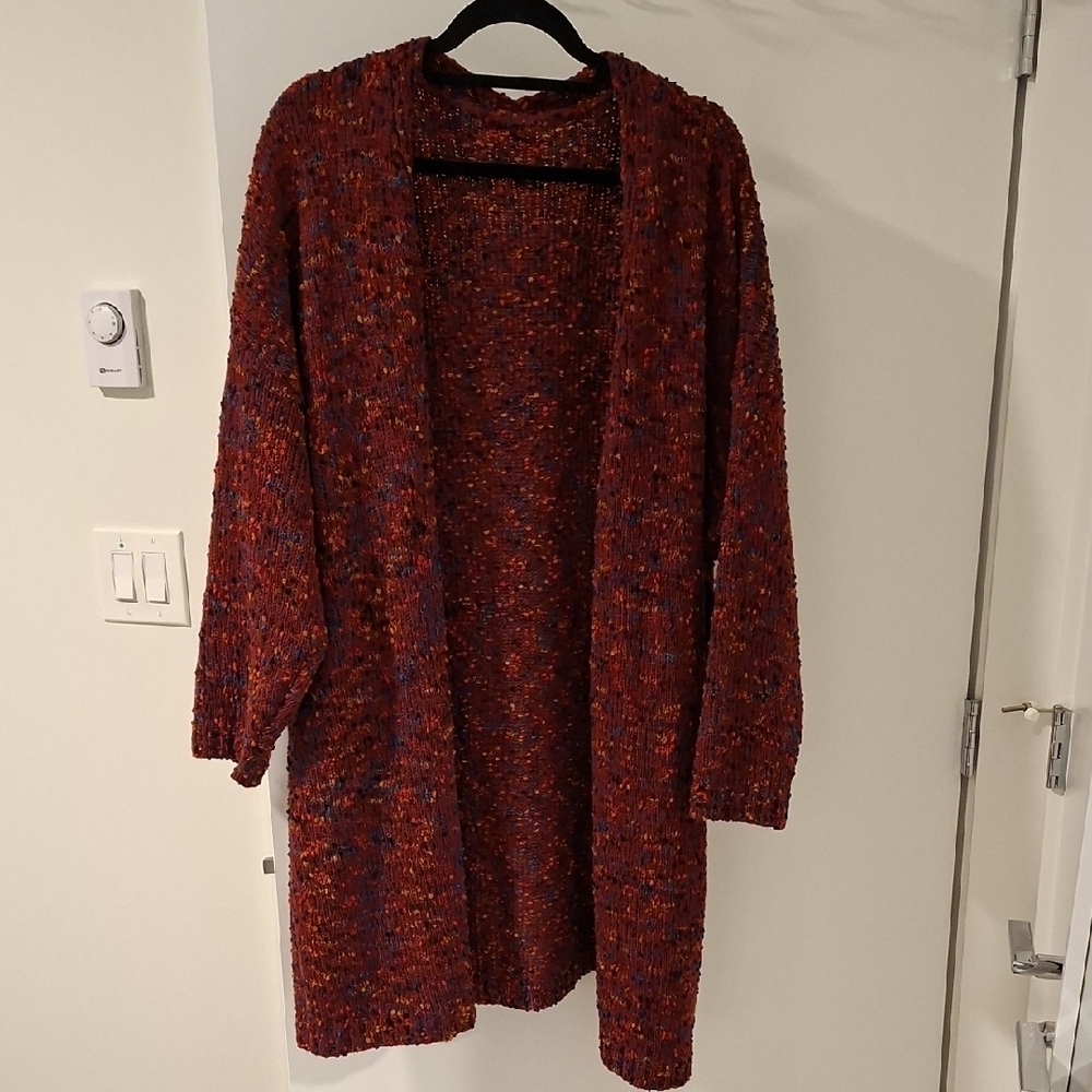 BloomChic Burgundy/Multicolor Confetti-Knit Open-Front Maxi Cardigan (Size 3XL)